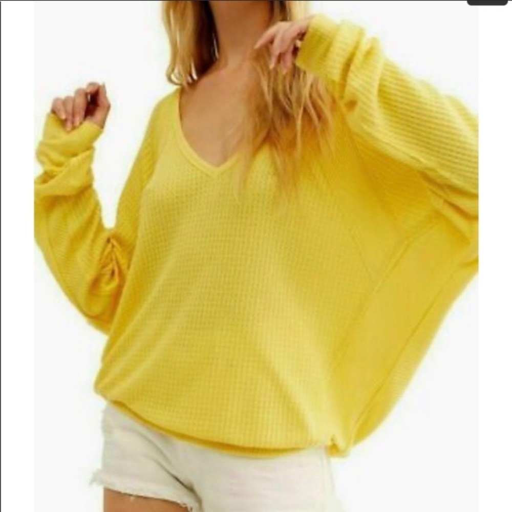 New Free People Santa Clara Yellow Thermal Long Sleeve Knit Top size Small